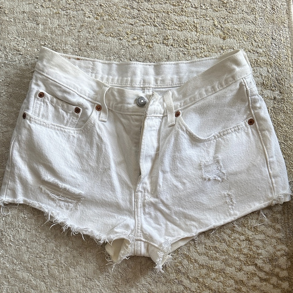 White Distressed Levi 501 Shorts